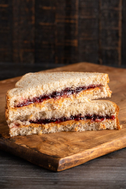 Home-made peanut butter and jelly sandwich