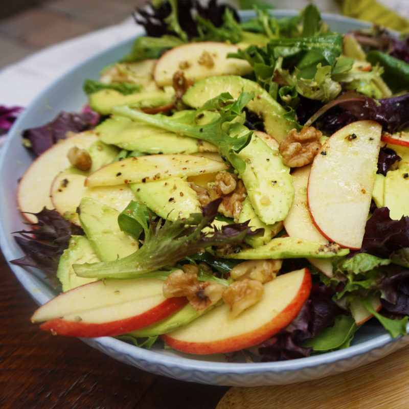 Apple, avocado, walnuts salad with lemon-mustard dressing