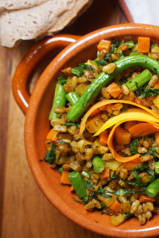 Sattvic farro risotto with french green beans