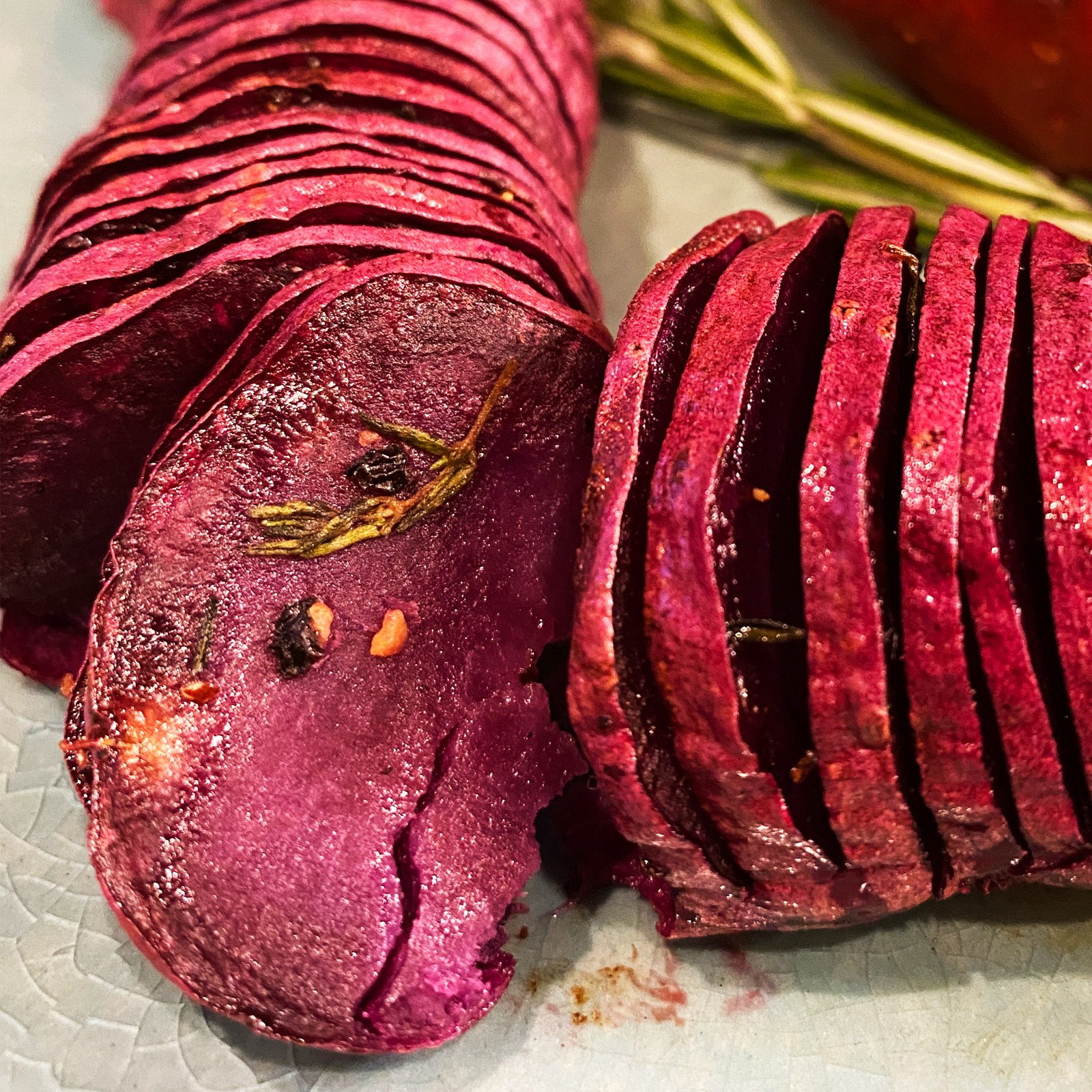 organic Purple Stokes sweet potato—Hasselback style