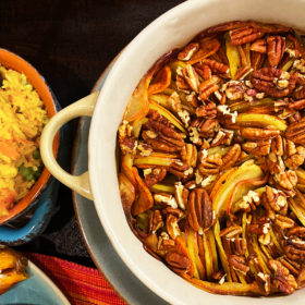 Baked sweet potatoes with apples and pecans