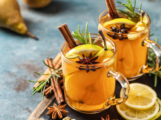 Hot Mulled pear cider drink is a perfect hot cocktail for New Year, Christmas, winter, or cold days of autumn. Mulled pear cider or gloog with lemon, pear, cinnamon, anise, cardamom, rosemary, and lemon
