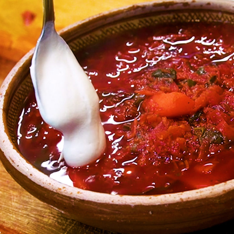 red borscht with vegan sour cream