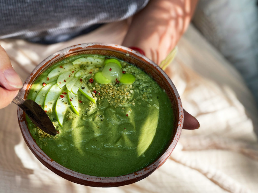 Energy-boosting Ash Gourd (winter melon) breakfast bowl with green apple, moringa, and ginger. This decadent smoothie bowl is nourishing, refreshing, and satisfying