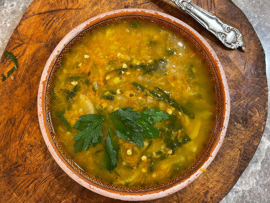 healthy soup with buckwheat soup, daikon radish and rhubarb
