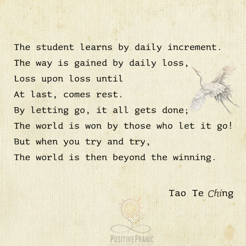 The student learns by daily increment. The way is gained by daily loss, Loss upon loss until At last, comes rest. By letting go, it all gets done; The world is won by those who let it go! But when you try and try, The world is then beyond the winning. Tao Te Ching