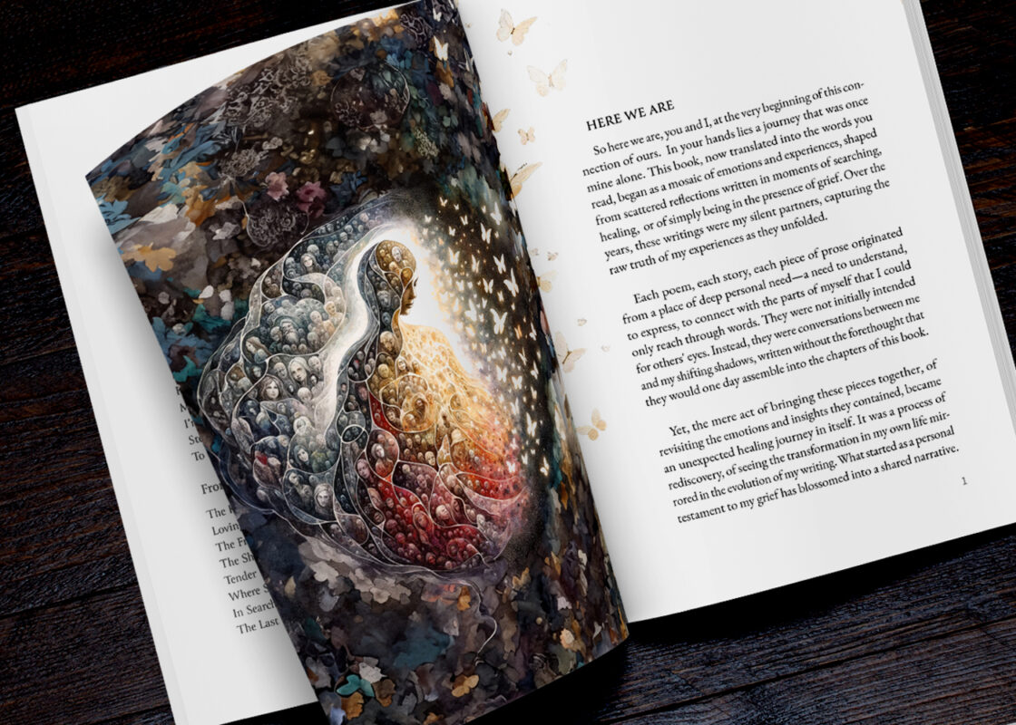 Through Grief's Tender Heart by Julia Delaney; an open book resting on a flat surface. On the left page is an abstract artwork with a swirl of colors and textures