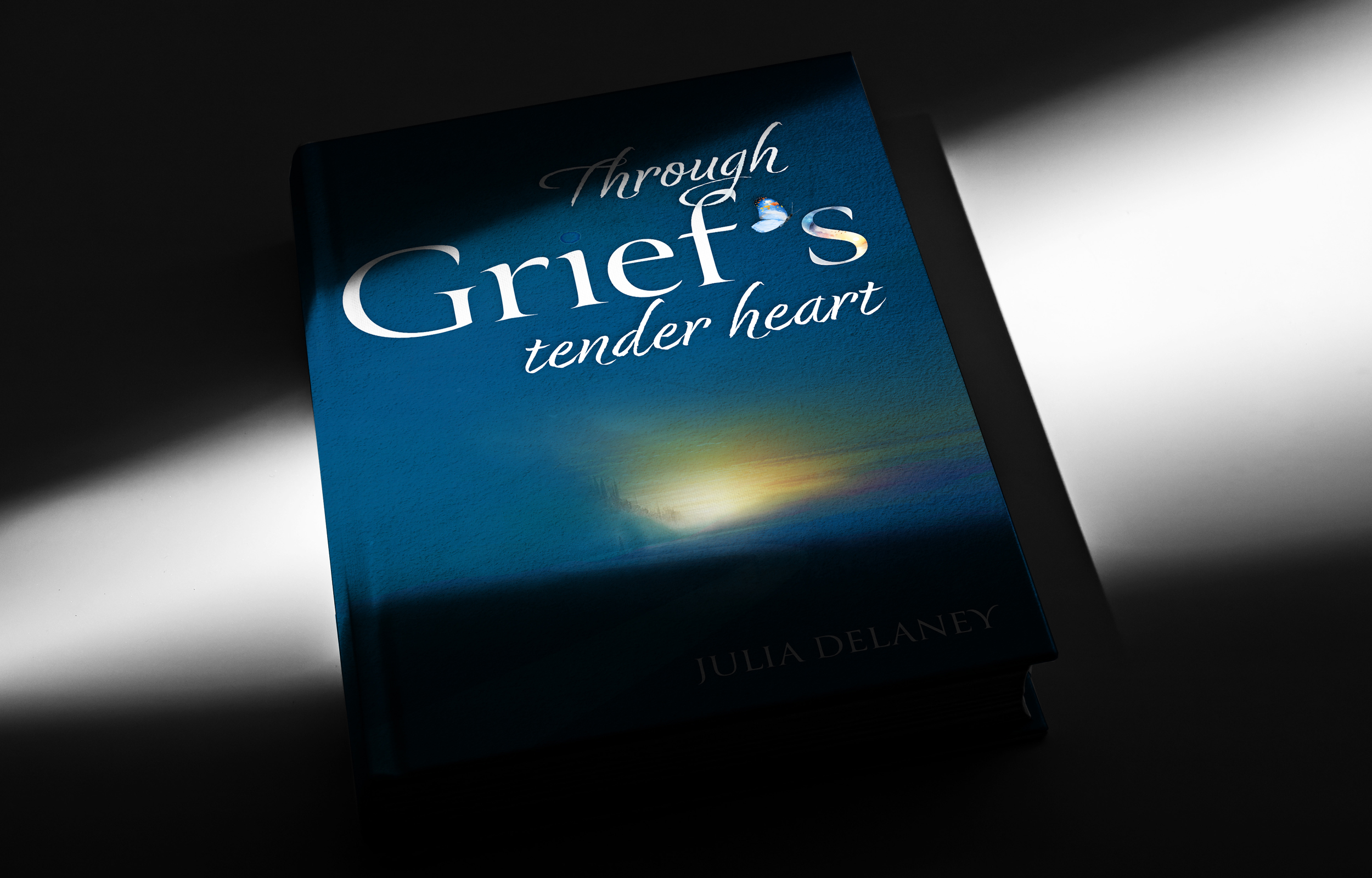 Julia Delaney; a book cover. The cover is predominantly a deep blue color that transitions from a darker shade at the top to a lighter tone at the bottom. There's a spotlight effect on the cover, highlighting the title and part of the image on the cover