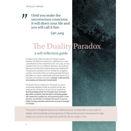 The Duality Paradox Guide by Julia Delaney is a comprehensive workbook designed to help you embrace your whole self, including your internal contradictions while exploring and embracing the full spectrum of your human experience. This practical tool helps you make sense of conflicting emotions, thoughts, and seemingly contradictory aspects of your personality, fostering greater self-awareness, acceptance, and personal growth.